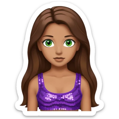 Teresa from Barbie & Friends with green eyes, long brown hair, lilac sequin crop top sticker
