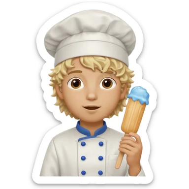 boy blonde curly hair, chef, eating blue ice pop sticker