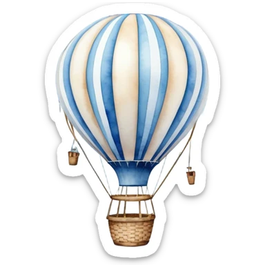 "A dreamy hot air balloon with blue and white stripes, floating among soft clouds, watercolor aesthetic."
 sticker