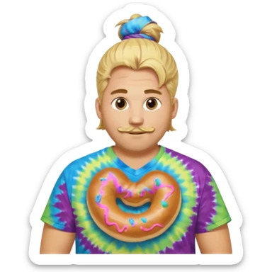 Large man w Blond manbun making plain bagels with tie die shirt sticker