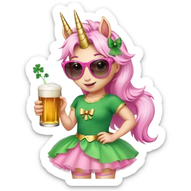friendly anthropomorphised female unicorn with horse-like face, in tutu and pink t-shirt, wearing dark sunglasses, celebrating St. Patrick's Day sticker