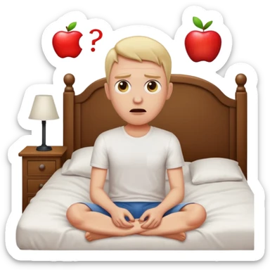 a man in bed, sitting up in shock after a nightmare, apple style emoji sticker