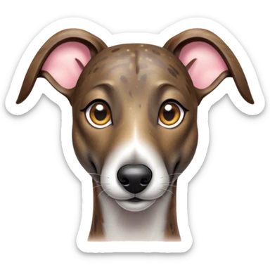 Cinematic Cute Brindle Greyhound Portrait Emoji, Head tilted playfully and inquisitively, featuring a sleek brindle Fur with subtle variations and round, sparkling eyes filled with curiosity, Simplified yet irresistibly adorable features, highly detailed, glowing with a warm, friendly glow, high shine, affectionate and nimble, stylized with a touch of whimsy, bright and endearing, soft glowing outline, capturing the essence of a mischievous yet loving companion, so playful it feels like it could sprint out of the screen and into your arms! sticker