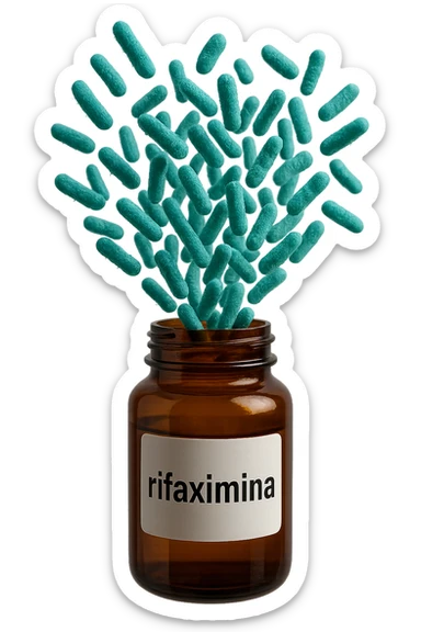 barattolo di medicinale con la scritta "rifaximina" sull'etichetta fluttua in aria, da dentro al barattolo escono batteri intestinali turchesi, iperrealistico 4k sticker