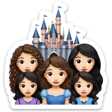 Quiero que crees una imagen donde este el castillo de Disney y por detrás o delante pon a 4 chicas: una con el pelo largo rizado marrón , otra con el pelo muy corto negro, como un chico, otra con el pelo mediano liso marrón y otra con el pelo negro largo liso  sticker