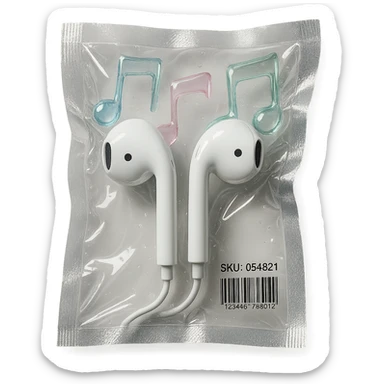 pair of white EarPods with three floating glass music notes in pastel blue, pink, and mint, glossy and inflated sticker
