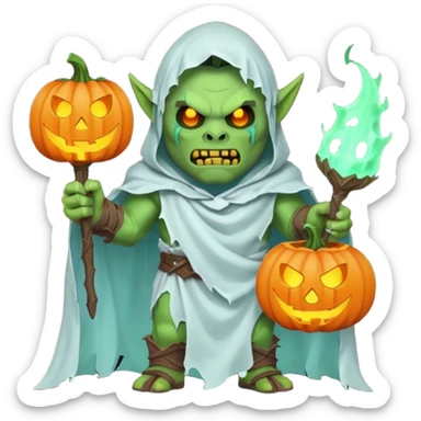 male orc warrior ghost emoji, green skin, tusks, wearing torn white ghost sheet costume, holding glowing jack-o'-lantern, faint blue aura, friendly but spooky expression, Halloween fantasy theme, Apple emoji style, clean white background, square sticker