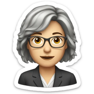 middle-aged accounting woman with brown midhair, a frindge and glasses sticker
