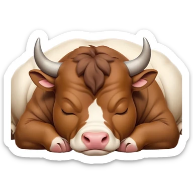 meme-worthy-cute-sleeping-domestic-bull-portrait-emoji,-head-resting-peacefully-with-a-contented-smile,-showcasing-a-robust,-muscular-build-and-a-luxuriously-soft-coat,-eyes-gently-closed-in-serene,-restful-slumber,-simplified,-solid-brown sticker