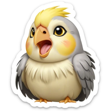 Cinematic Cute Yawning Cockatiel Portrait Emoji, Head tilted slightly with a dramatic, wide-open yawn, showcasing a soft grey fur with subtle yellow accents and gently drooping crest feathers, round dark eyes barely open in drowsy contentment, Simplified yet irresistibly adorable features, highly detailed, glowing with a soft, cozy glow, high shine, relaxed yet expressive, stylized with a touch of whimsy, bright and endearing, soft glowing outline, capturing the essence of a sleepy yet affectionate cockatiel, so drowsy it feels like it could stretch out of the screen and curl up for a nap! sticker