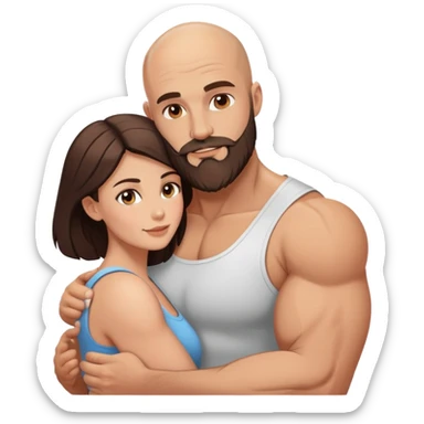 Muscular Bald man with a beard embracing his young beautiful brunette wife sticker