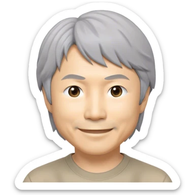 ​Cinematic Realistic Portrait of a Smiling Shigeru Miyamoto, depicted with warm, approachable features, gentle grey-tinted hair, and kind, expressive eyes, set against a subtle backdrop hinting at iconic video game imagery, rendered with lifelike textures and soft, inviting lighting that captures his innovative spirit, sticker