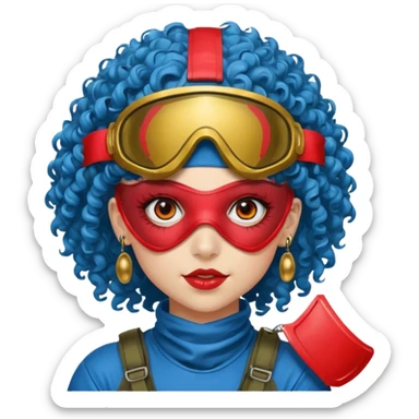 blue curly haired paintball playergirl with huge earrings, wearing red paintball eye mask helmet sticker