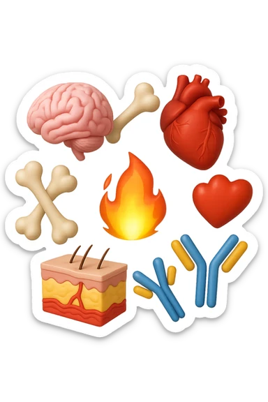 EMOJI STILE IPHONE 3D DI cervello, ossa, cuore, porzione di epidermide e cellule di anticorpi che girano in tondo, al centro di questi elementi c'è una fiamma 3d  FALLO MOLTO REALISTICO IN 3D sticker