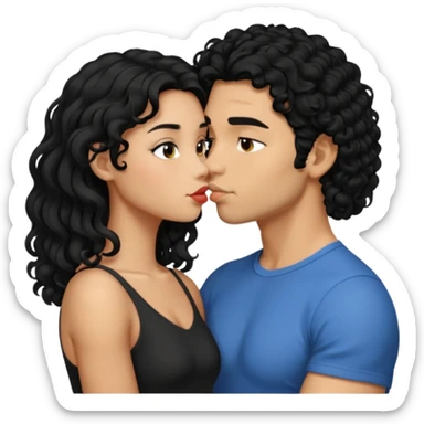 a strong man with short STRAIGHT black hair kissing a shorter girl with long black curly hair sticker