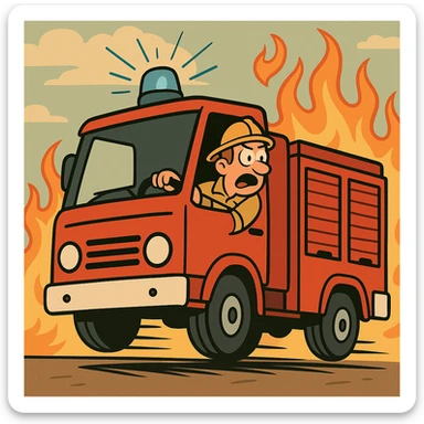 cartoon style fire truck with blue flashing light, fast driving, flames in the background sticker