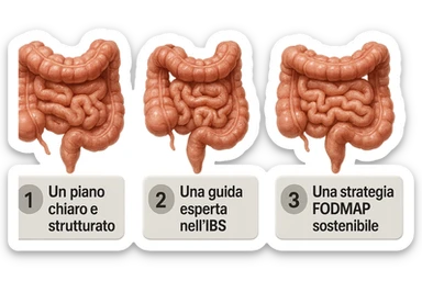 emoji stile iphone di 3 targhette numerate con intestino realistico davanti ad ogni targhetta, le targhette sono:
"1 – Un piano chiaro e strutturato
2 – Una guida esperta nell’IBS
3 – Una strategia FODMAP sostenibile"
, iperrealistico 4k sticker