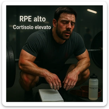 Replace the floating icons above the head with clear and readable Italian text: 'RPE alto' and 'Cortisolo elevato', maintaining the cinematic style and original color palette of the image. sticker