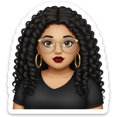 teen big plus size, latina, darker tan skin, gold hoops, long black curly hair, baddie,pretty, makeup, dark red lipgloss, black eyeliner, long hair, black shirt, black glasses sticker