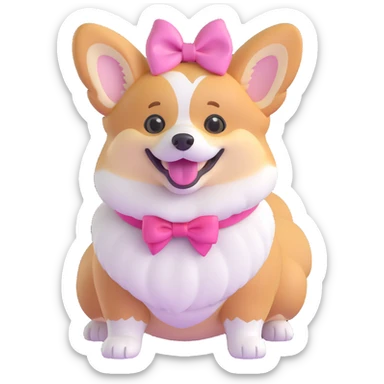 female corgi with pink bow on head, cheerful expression, fluffy fur sticker