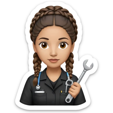 A 40-year-old Latina woman with light brown skin, working as a car mechanic, wearing all black mechanic scrubs, with two braids pulled back from her head sticker