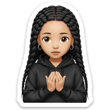 African American light skin girl with long black box braids wearing a black hoodie with hands folded together sticker