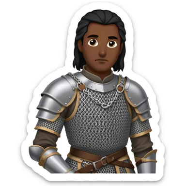 medieval battle armor worn by a DnD themed fantasy character. basic iron-plated brigandine over a chainmail hauberk. armor only above the waist. The armor full waist. The character's haven't arms. character is black hair gray eyes long tied-back hair dark-skinned man. sticker
