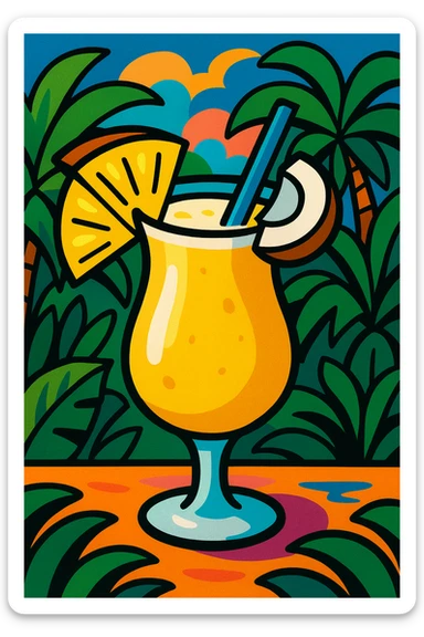pina colada cocktail, vibrant, tropical, with pineapple and coconut, fun illustrative style sticker