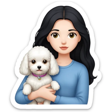 A girl with long black hair holding a bichon sticker