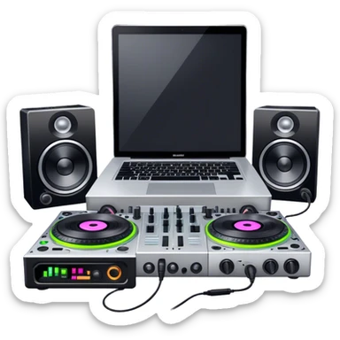 Create a professional and technical emoji that represents remixing music. The design should feature a high-end DJ controller, turntables with vinyl records, and a sound mixing console with faders to symbolize the technical aspects of remixing. Include elements like studio headphones and a laptop or digital audio workstation (DAW) screen to reflect the tools used in music production. Use colors like black, silver, and neon accents to convey the professional, high-tech nature of remixing. The background should be transparent. sticker