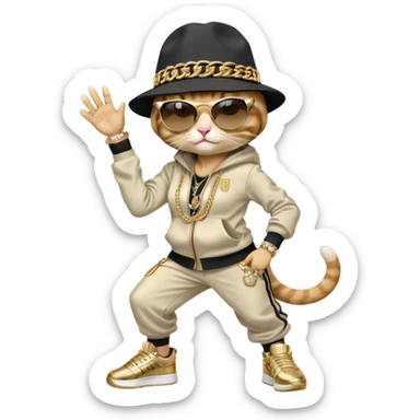 female cat wearing Run DMC hip-hop outfit with tracksuit, fedora, Adidas sneakers, dark sunglasses, many gold chains and bling accessories, break dancing sticker