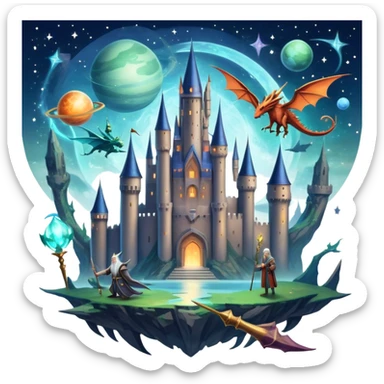 Icon for Fantasy and Sci-Fi Movies: A magical collage with flying dragons and futuristic spaceships. Stars and planets shimmer in the background with a mystical castle Hogvards and an ancient wizard holding a staff. The atmosphere is epic, otherworldly and adventurous. Transparent background. sticker