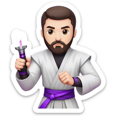 white man with dark brown beard and goatee  standing in a fighting pose holding a purple lightsaber  sticker