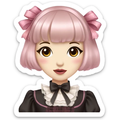 Japanese pale woman with short brown hair and bangs, pink lips and eyeshadow, long eyelashes, brown eyes, pink Lolita dress with laces and ribbons, gothic Lolita doll look sticker