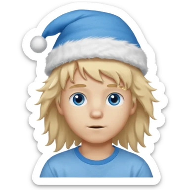 create boy blonde hair long messy, light eyes, white t shirt, rich, long hair, eyes blue, acessory head cristimas blue hat, long hair, fluffy hair sticker