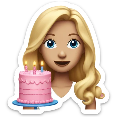 Woman with long blonde hair and blue eyes holding a pink birthday cake  sticker
