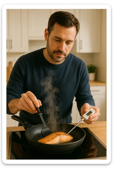 Uomo tra i 30 e i 45 anni in cucina moderna, concentrato mentre cucina un filetto di salmone fresco in padella. Si vede il vapore che sale, la superficie del salmone dorata e ben cotta. L’uomo usa utensili puliti, termometro da cucina nella mano sinistra per controllare la temperatura interna. Sullo sfondo, atmosfera luminosa e pulita, messaggio visivo implicito di sicurezza alimentare e buona pratica. Stile realistico e rassicurante, colori caldi e tono domestico. sticker
