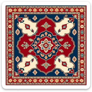 Cinematic Realistic depiction of a richly patterned Turkish carpet, rendered with exquisite details and vibrant colors, set against a soft, warmly lit background that emphasizes its artisanal craftsmanship sticker