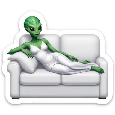 a reptilian alien woman, in white dress, lie on couch comfy, full figure sticker