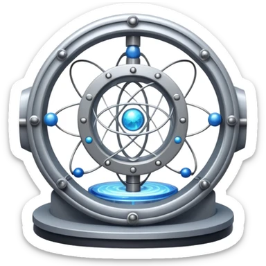 An icon featuring a large particle collider, atom symbols, and energy waves, symbolizing the field of physics. The design includes a lab setup with scientific equipment, representing experiments and fundamental forces of nature. Transparent background highlights the exploration of matter and energy. sticker