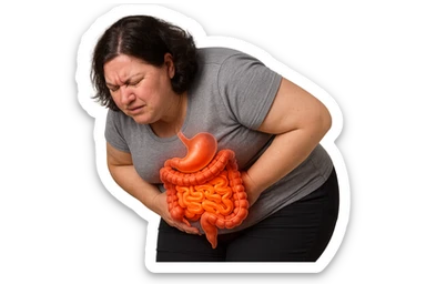 DONNA LEGGERMENTE SOVRAPPESO PIEGATA IN AVANTI CON INTESTINO ANATOMICO IN EVIDENZA, MAL DI PANCIA iperrealistico 4k sticker