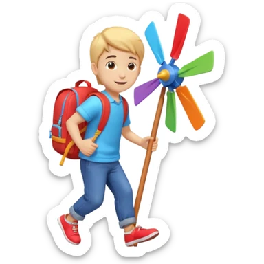 cute boy carrying a toy windmill backpack, colorful windmill spinning on the back, happy expression, casual outfit, 3D cartoon, mobile game icon style, clean background, no text, no watermark
 sticker