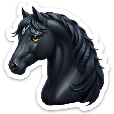Cinematic Elegant Black Horse Portrait Emoji, Head held high with a serene, powerful gaze, showcasing a magnificent jet-black fur with a radiant, glossy finish, a flowing mane and tail, and piercing dark eyes exuding beauty and strength, Simplified yet majestically refined features, highly detailed, glowing with a soft, ethereal light, high shine, poised and breathtaking, stylized with an air of pure elegance, capturing the essence of a stunning and graceful steed, so beautiful it feels like it could gallop out of the screen with effortless charm! sticker