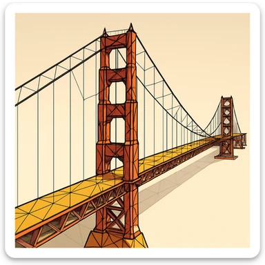 {
  "style_description": {
    "name": "Low Poly Wireframe",
    "overall_look": "Geometric abstraction with visible polygonal mesh edges and a minimal, digital aesthetic",
    "geometry": {
      "shape_type": "triangles and quadrilaterals forming faceted surfaces",
      "structure": "low-resolution polygon meshes with flat faces",
      "edge_visibility": "clear, sharp wireframe outlines around each polygon",
      "dimensionality": "3D-like forms created through flat shading and edge contours"
    },
    "linework": {
      "type": "thin or semi-bold outlines tracing all edges of the mesh",
      "style": "uniform or slightly stylized (e.g., dotted or glowing lines)",
      "color": "typically black, dark gray, or color-matched for contrast"
    },
    "color": {
      "application": "solid flat colors per polygon, without gradients",
      "palette_type": "limited, often monochromatic or with tonal variation per face",
      "highlighting": "minimal shading to emphasize surface depth without realism"
    },
    "lighting": {
      "approach": "ambient or directional lighting used sparingly to add dimension",
      "avoid": ["soft shadows", "complex reflections", "photorealism"]
    },
    "background": {
      "style": "plain or gradient backdrop to contrast mesh clarity",
      "consistency": "flat and neutral to preserve focus on wireframe structure"
    },
    "render_constraints": {
      "avoid": ["smooth surfaces", "rounded curves", "realistic textures"],
      "focus_on": ["polygon edges", "angular forms", "mesh clarity"]
    },
    "subject_treatment": {
      "representation": "simplified, stylized forms with clear geometry",
      "emphasis": "structure, volume through form and edge"
    }
  }
}

{subject} = golden gate bridge sticker