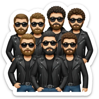 biker gang with black sunglass and rugged and bulky guy bearded curly hair black jacket sticker
