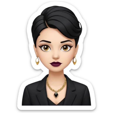 “Emoji girl, sculpted contour, bold dark lipstick, defined brows, sharp eyeliner, sleek black hair updo, statement necklace, black blazer.” sticker