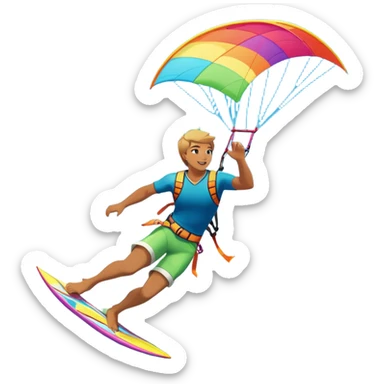 A kitesurfer soaring through the sky, harnessing the wind on a bright, colorful kite. The scene shows the surfer gliding over the water with the kite above, emphasizing the freedom, speed, and thrill of the sport in a dynamic coastal setting. sticker