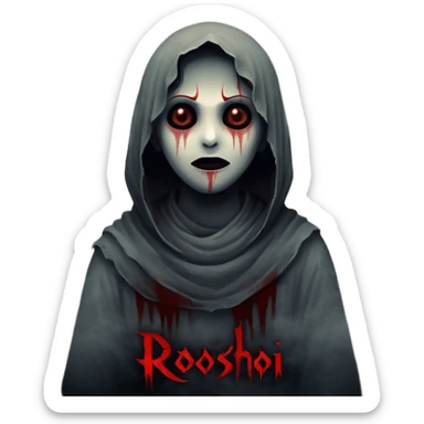 Dark horror wallpaper, 1080x2400, smoky grey charcoal background, subtle eerie light, misty fog, floating dust ("dhoasha dhoasha"), centered text "ROJONI" in distressed horror font, faint red smears, cinematic grain, spooky vibe --ar 9:20 --v 5 sticker