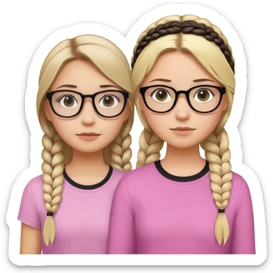 Two girls a taller girl with a black shirt and glasses dirty blonde long hair in a braid and eyeliner, second shorter girl with light blonde shoulder length straight hair with a side part and a pastel pink shirt sticker