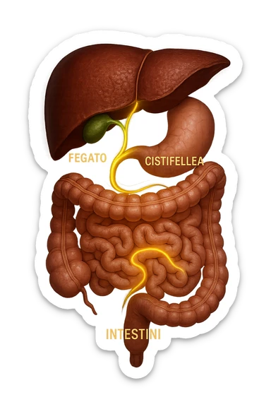 A detailed anatomical illustration-style image focusing on the human torso, highlighting the liver, gallbladder (cistifellea), and intestines. The organs are shown with realistic textures and colors: the liver in deep reddish-brown, the gallbladder as a small greenish sac tucked under the liver, and the intestines in soft pinkish hues. Connecting these organs are glowing, semi-transparent lines or light trails in vibrant colors (e.g., bright yellow or green) that visually trace the functional and physiological links between them. The lines flow smoothly from the liver to the gallbladder and then down to the intestines, symbolizing bile flow and digestive processes. The background is a subtle dark gradient that enhances the brightness and clarity of the lines and organs. The style is a blend of medical illustration and modern digital art, clear, precise, and visually engaging sticker